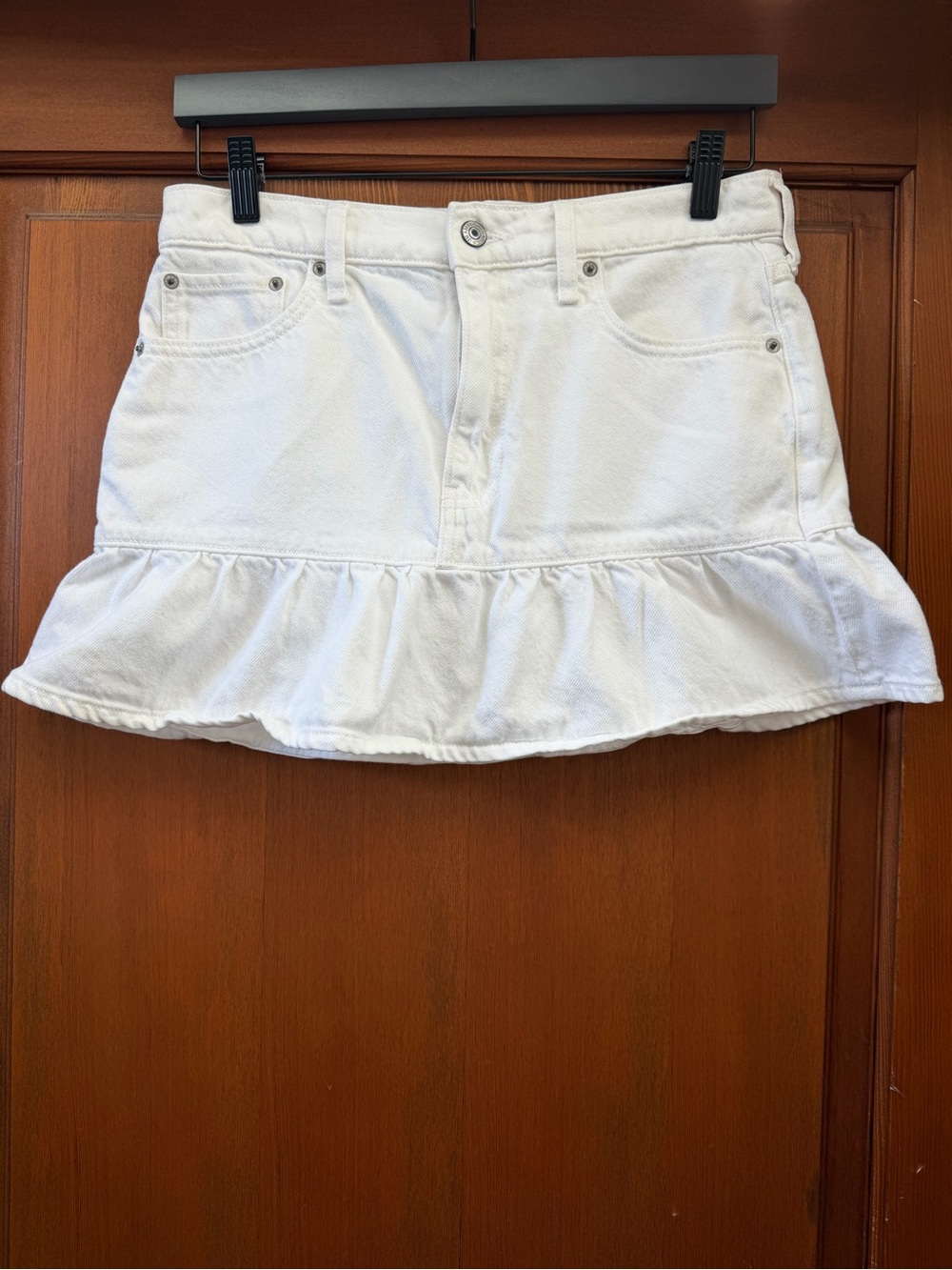 Abercrombie & Fitch White Ruffle-Hem Denim Mini Skirt
